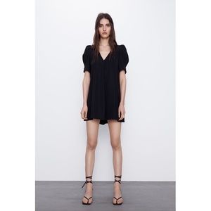 Zara Black Mini Dress With Puff Sleeves